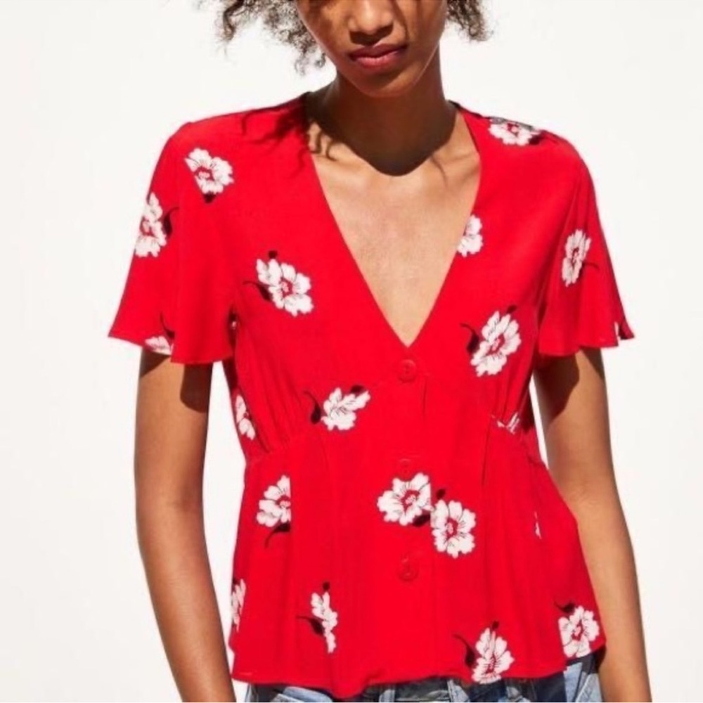 Floral Red V-Neck Top ZARA